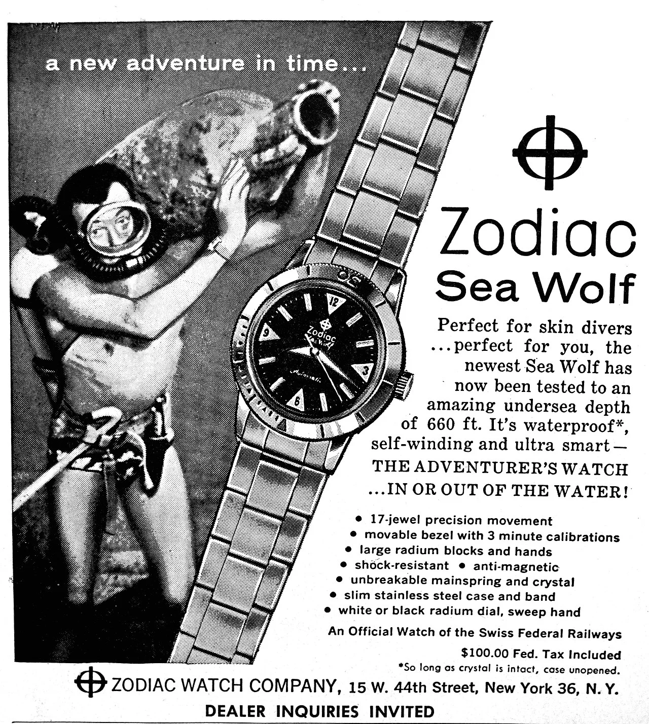 1959 年 Sea Wolf 报纸广告 · 注意：宣传原件，防水与人群诉求需批判读取