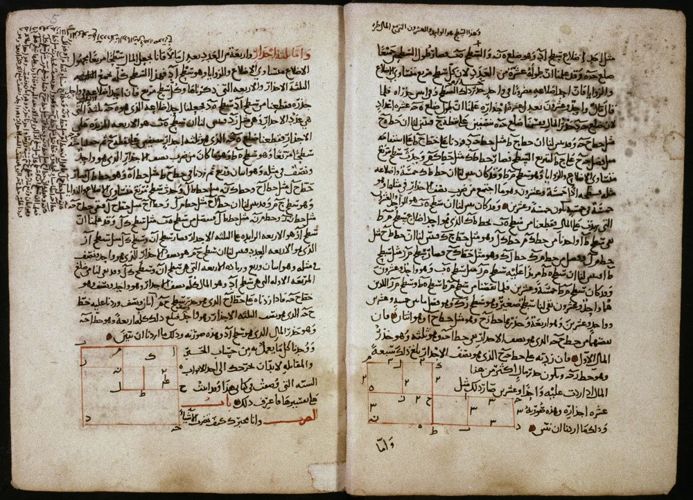 《代数学》阿拉伯文抄本页（Bodleian 藏）；其著作流传的实物证据。 · Muḥammad ibn Musa al-Khwarizmi · Public domain · 网页等比例缩放展示