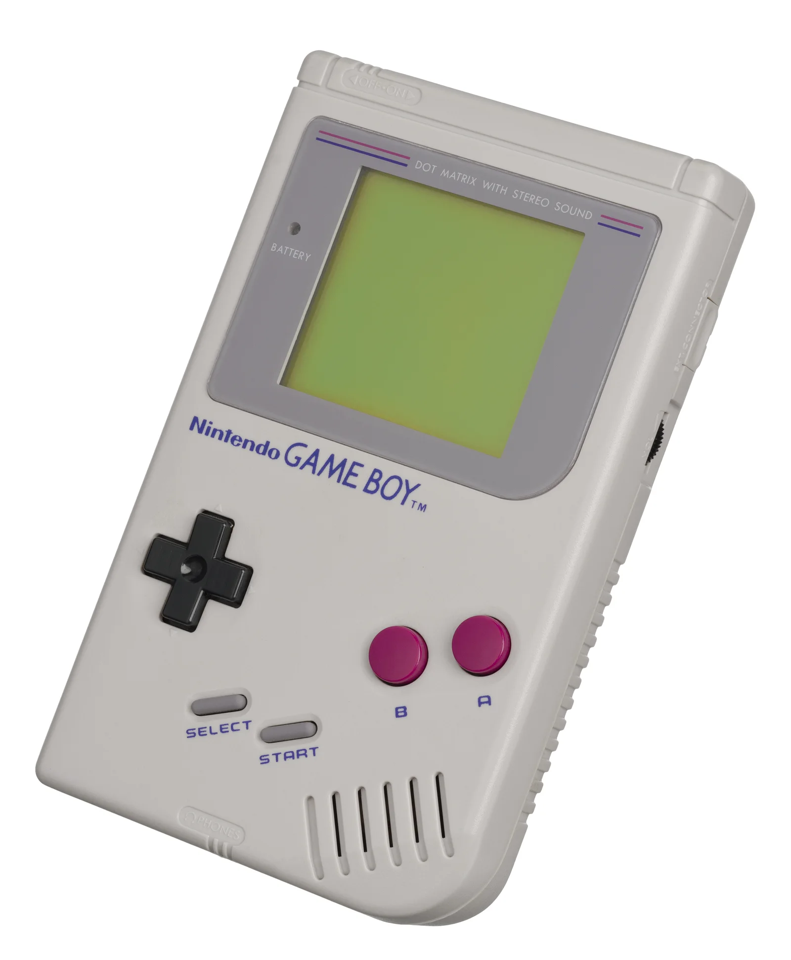 Game Boy（1989）正面标准照。Evan-Amos 摄，公有领域，经 Wikimedia Commons。