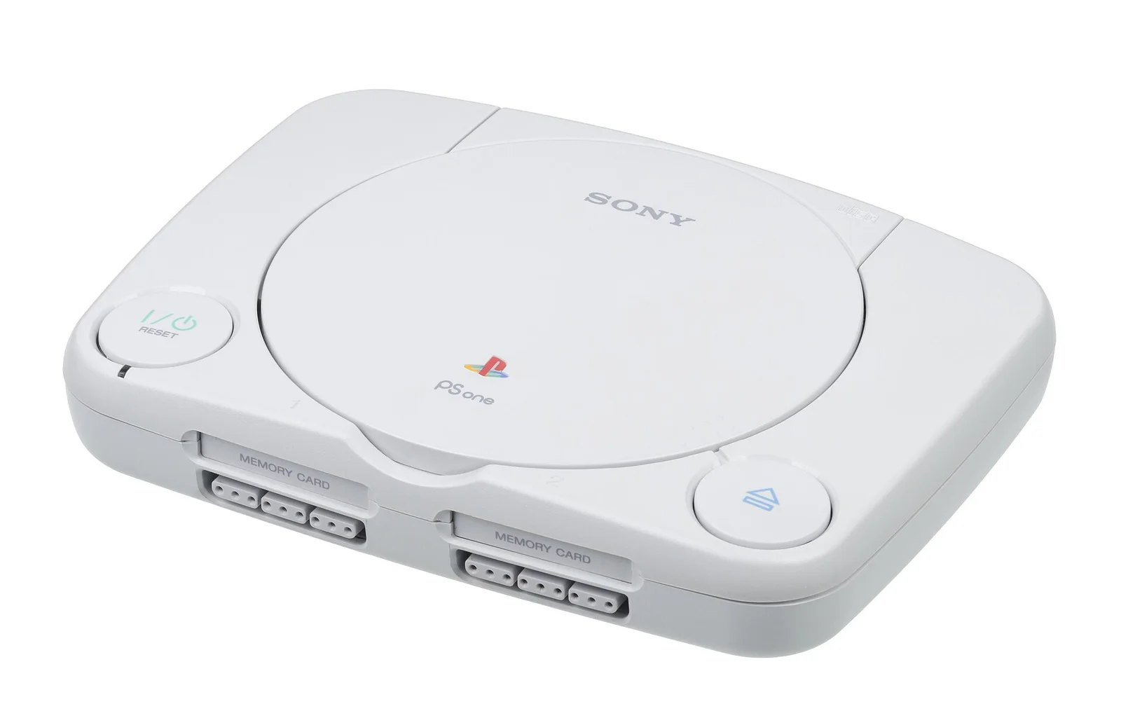 2000 年的 PS one：初代 PlayStation 的最终改款，约为原机一半体积。Evan-Amos 摄（Wikimedia Commons），公有领域。 · 图像文件署名：Evan-Amos；Public domain；网页缩放，原始文件保留。