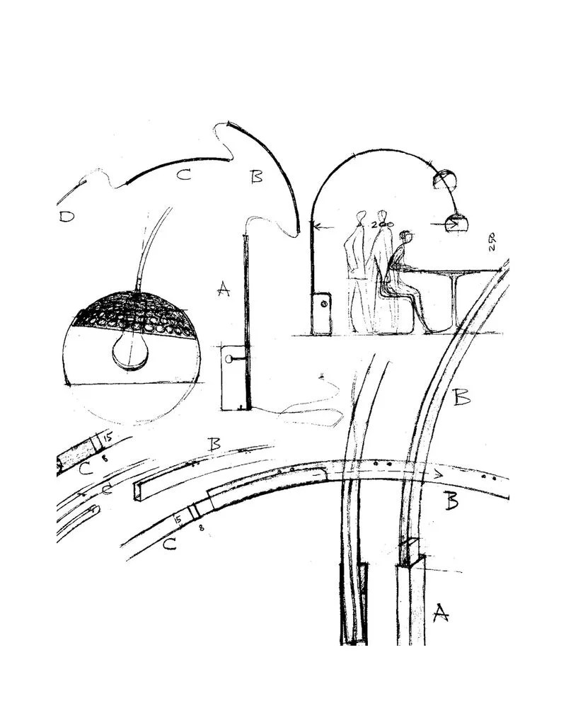 Arco 设计草图 · Flos 官方档案;整组图片鸣谢 Fondazione Achille Castiglioni、Studio Casali、Piero Fasanotto、Ramak Fazel、Gionata Xerra,单图未明确对应