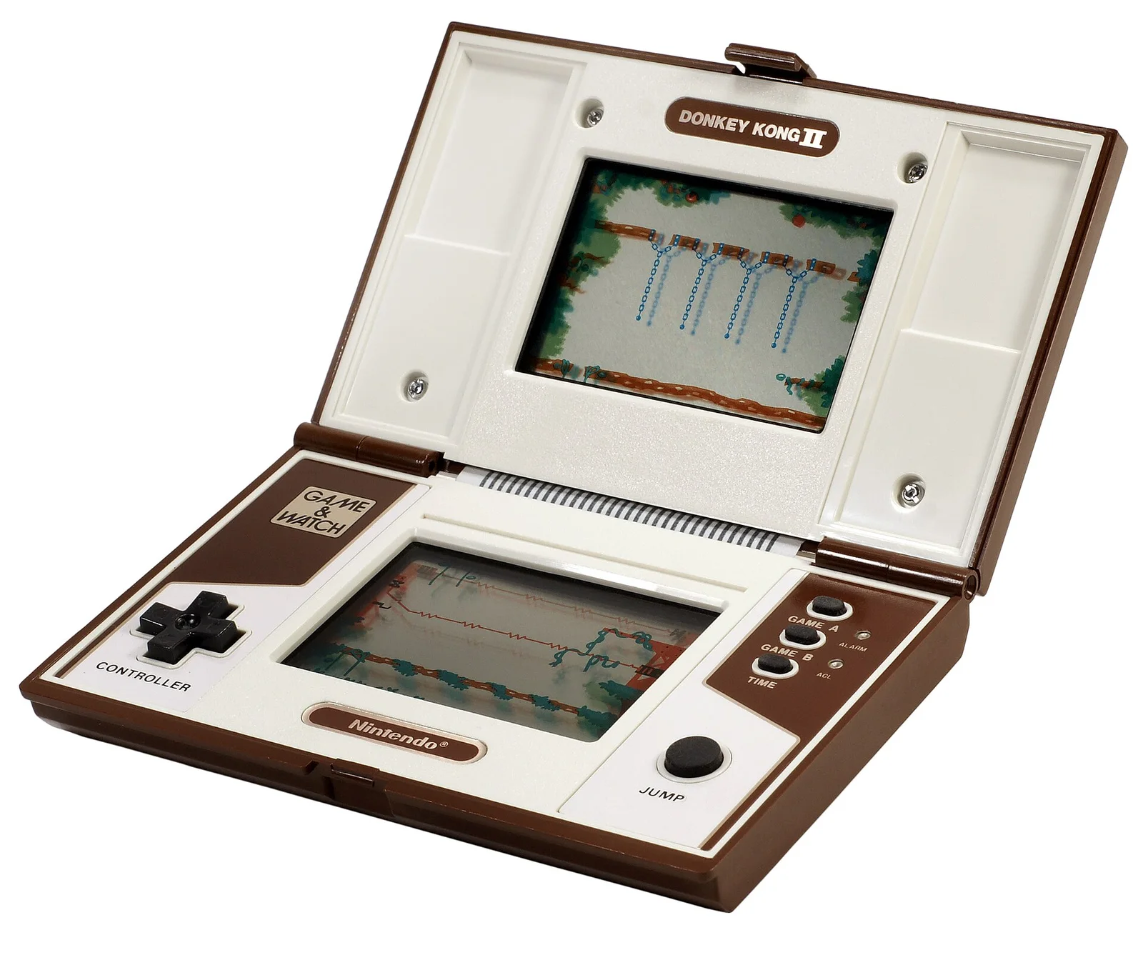 《Donkey Kong II》双屏机型（公有领域） · 图像文件署名：Evan-Amos；Public domain；网页缩放，原始文件保留。