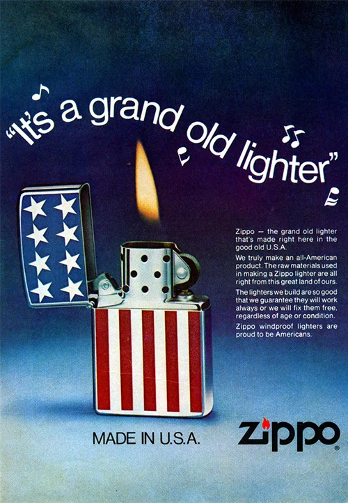1976年 Zippo 广告:战后数十年间,机身成为广告与流行文化的载体 · 图像文件署名:Unknown authorUnknown author;Public domain;网页缩放,原始文件保留。