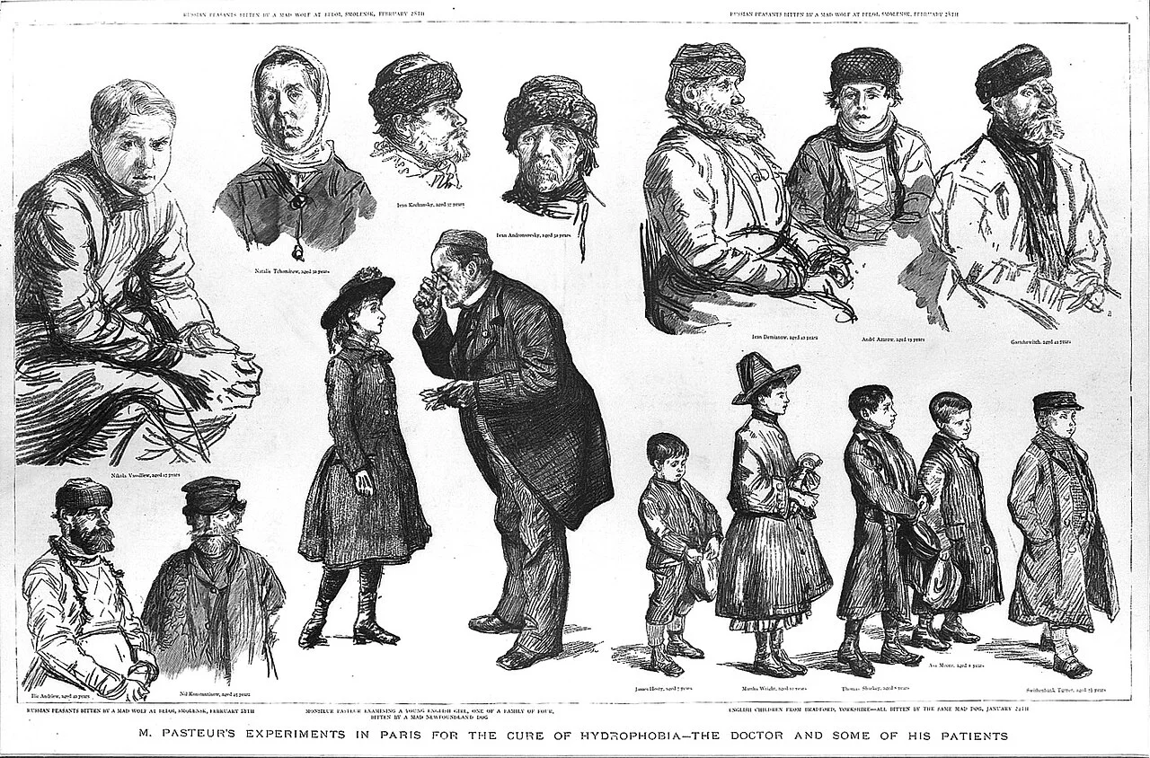 1886年木刻版画，描绘巴斯德与就诊的狂犬病患者；当时报刊的新闻图像。 · 作者未载，见图源 · CC BY 4.0 · 网页等比例缩放展示