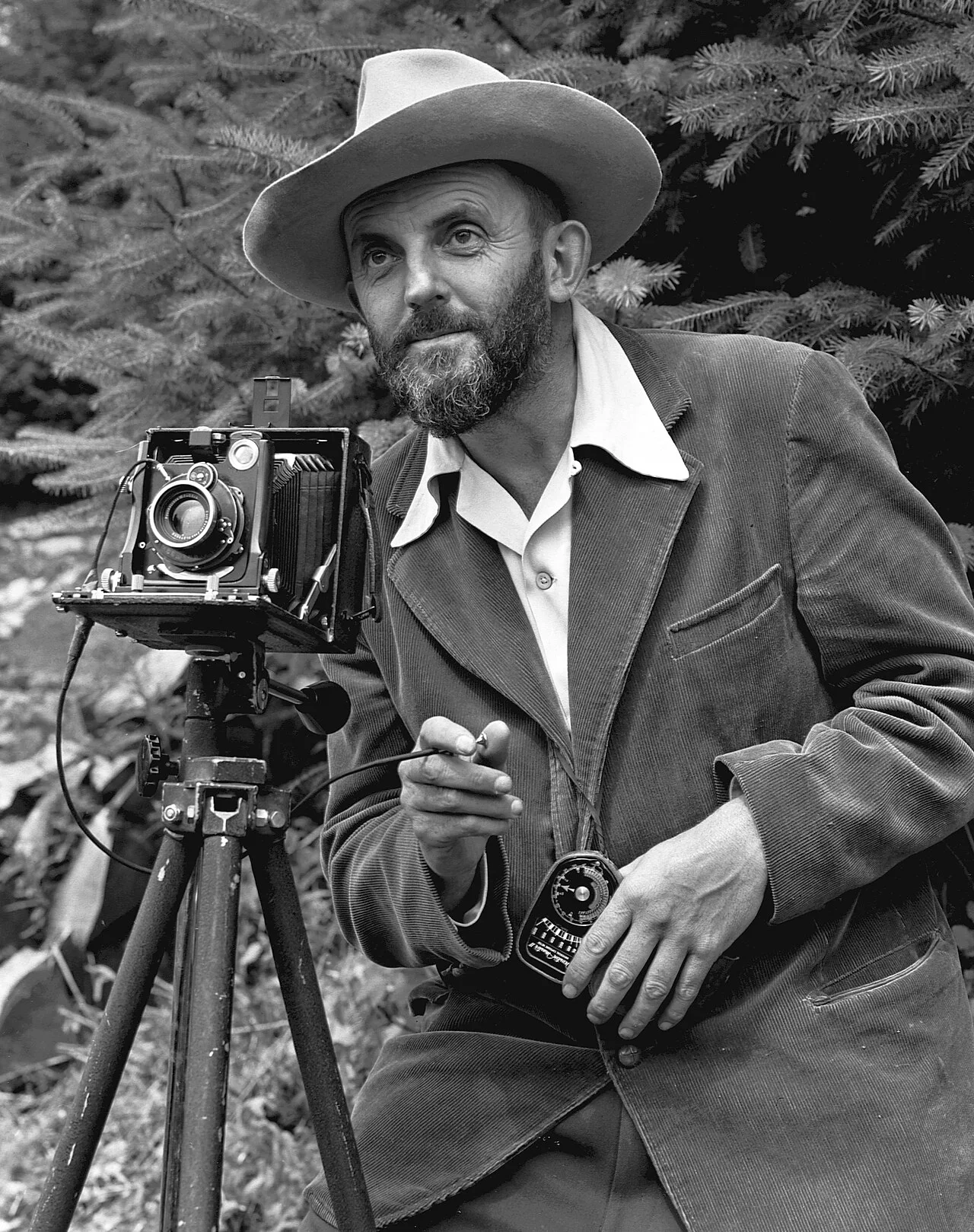 J. Malcolm Greany 摄,公有领域——Ansel Adams 与他的大画幅相机(注意:此为亚当斯工作照,非《月出》本身)