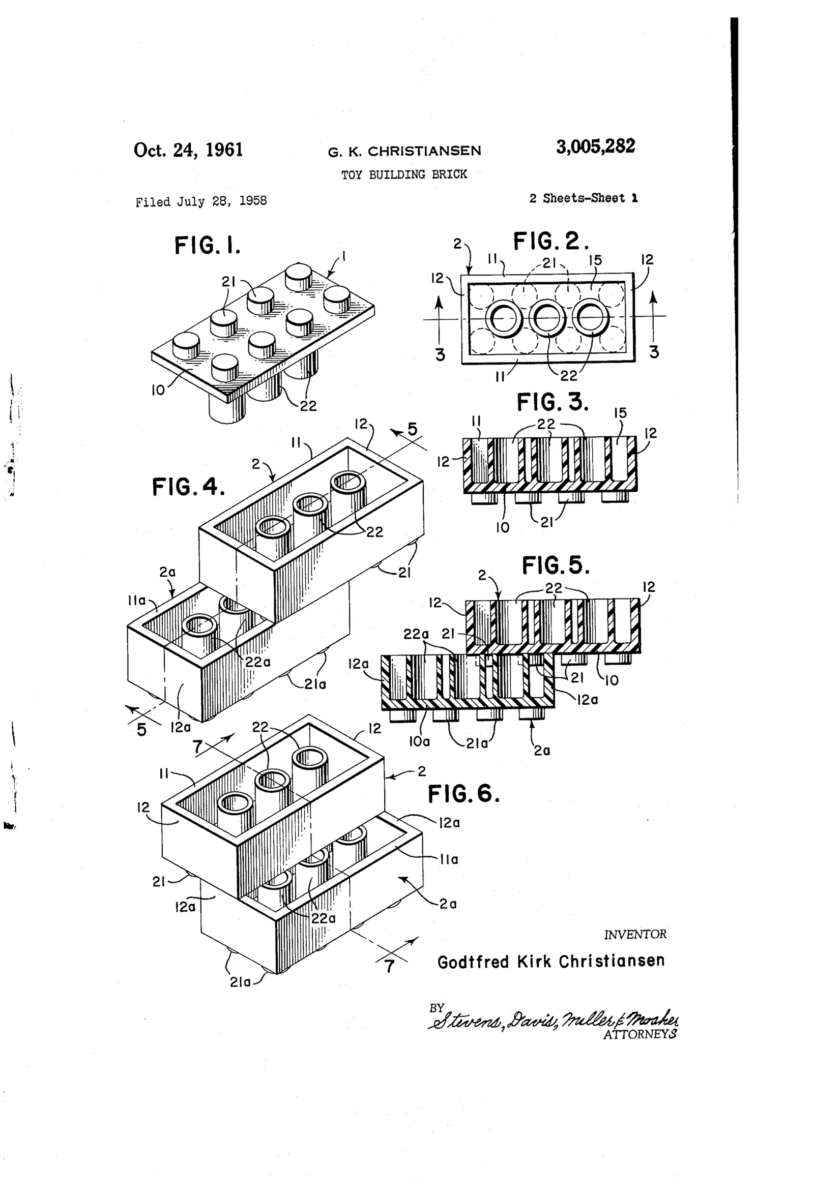 US3005282 专利图（1958年申请，1961年公布）：图1–6展示砖块耦合构造。 · 图像文件署名：Christiansen, Godtfred Kirk；Public domain；网页缩放，原始文件保留。