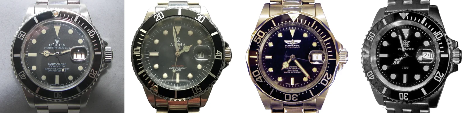 原版 Submariner 与三只设计仿品的并排对比