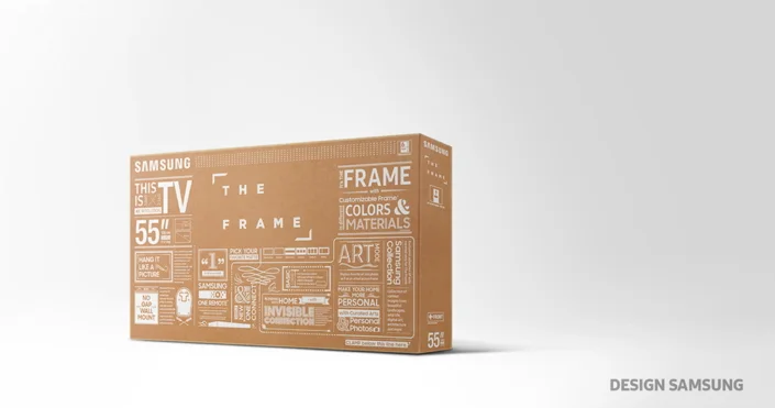 The Frame 初期官方包装设计图：以字体、图形与留白组织纸箱信息。 © Samsung Electronics。