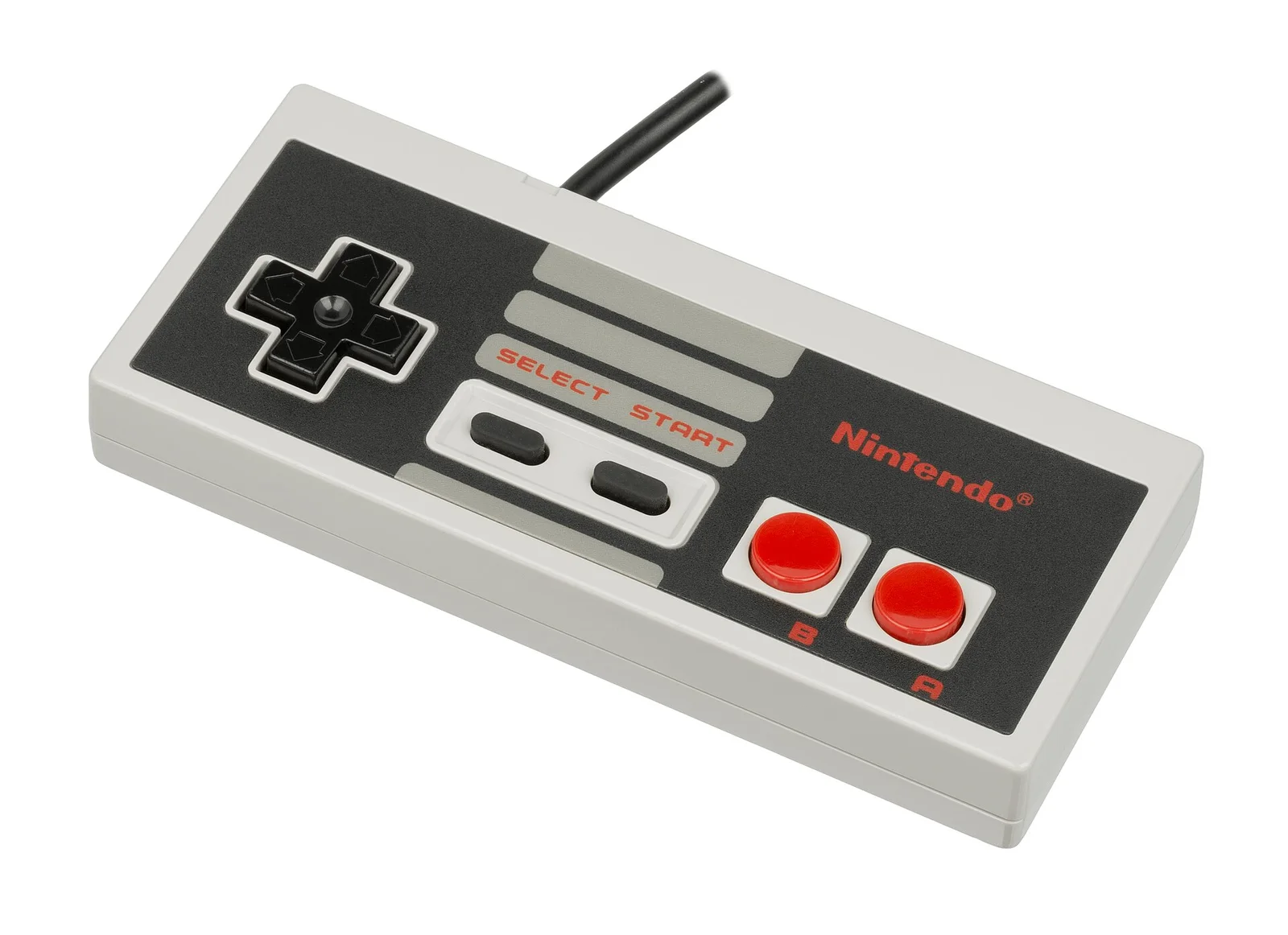 NES 手柄:横长砖形,十字键 + A/B + Start/Select 共六枚控件。Evan-Amos 摄(Wikimedia Commons),公有领域。 · 图像文件署名:Evan-Amos;Public domain;网页缩放,原始文件保留。