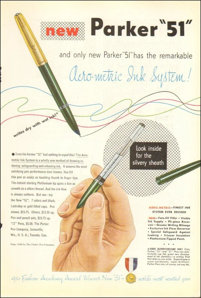 约1951年的 Parker 51 广告：需求持续到战后多年 · 图像文件署名：Unknown authorUnknown author；Public domain；网页缩放，原始文件保留。