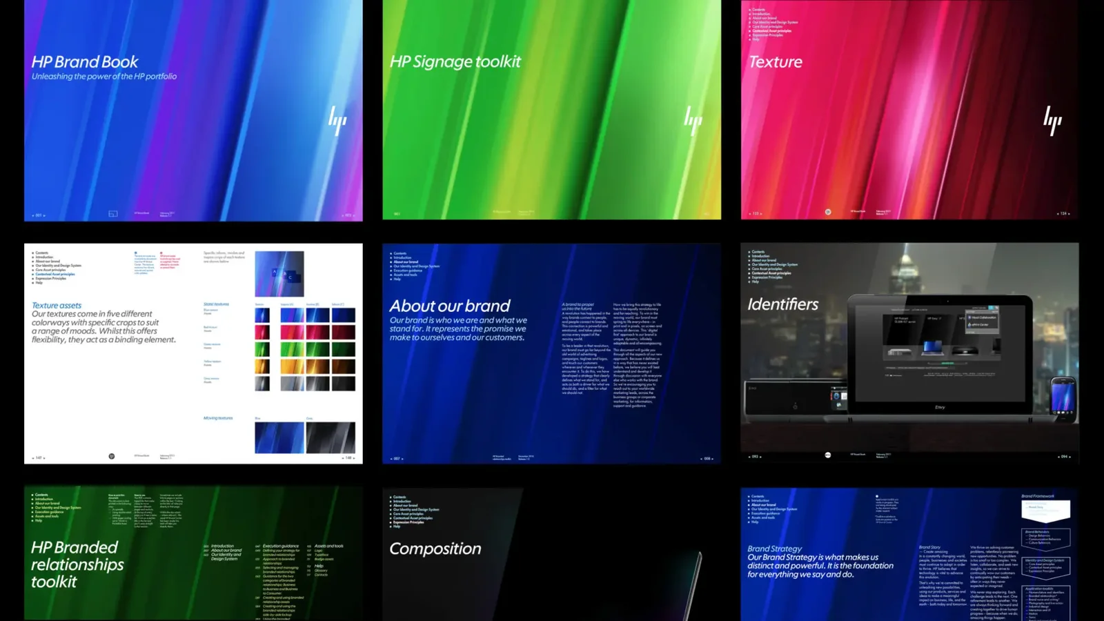 Moving Brands公开的HP品牌设计规范概览；图片展示该团队案例，不等同于今天HP Brand Central的全部规范；图像版权及署名见来源，个人摄影者未单列。来源页保留版权；未发现开放转载许可。仅本地研究预览，公开发布前须另行核权。