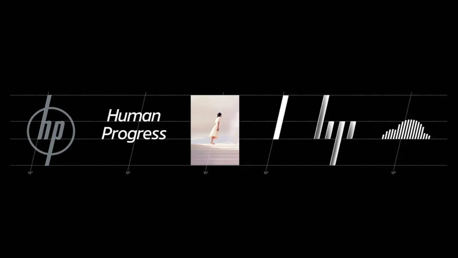 Moving Brands的13°推导图：旧圆标、Human Progress、影像与抽象线条共享前倾关系；图像版权及署名见来源，个人摄影者未单列。来源页保留版权；未发现开放转载许可。仅本地研究预览，公开发布前须另行核权。