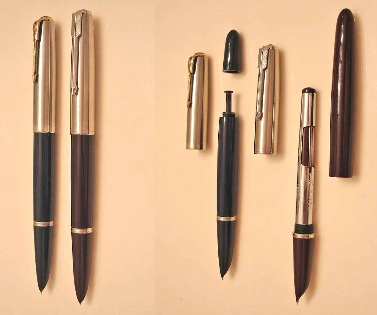 Parker 51 的笔尖细节：管状笔尖与多鳍导墨器 · 图像文件署名：Batch1928 44 (talk)；Public domain；网页缩放，原始文件保留。
