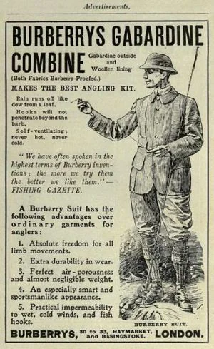 1908年博柏利华达呢钓鱼套装广告。华达呢在战前已通过户外运动建立了声誉。