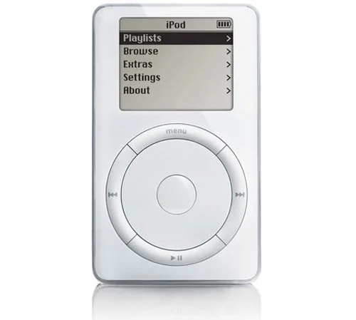 第一代 iPod 的滚轮与环形分布按键；档案原图 500 × 449 · © Apple / All About Steve Jobs；未单列摄影者，版权保留