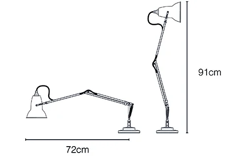 官方活动范围示意，展示灯臂调整的可能。© Anglepoise；源图 500 × 316。