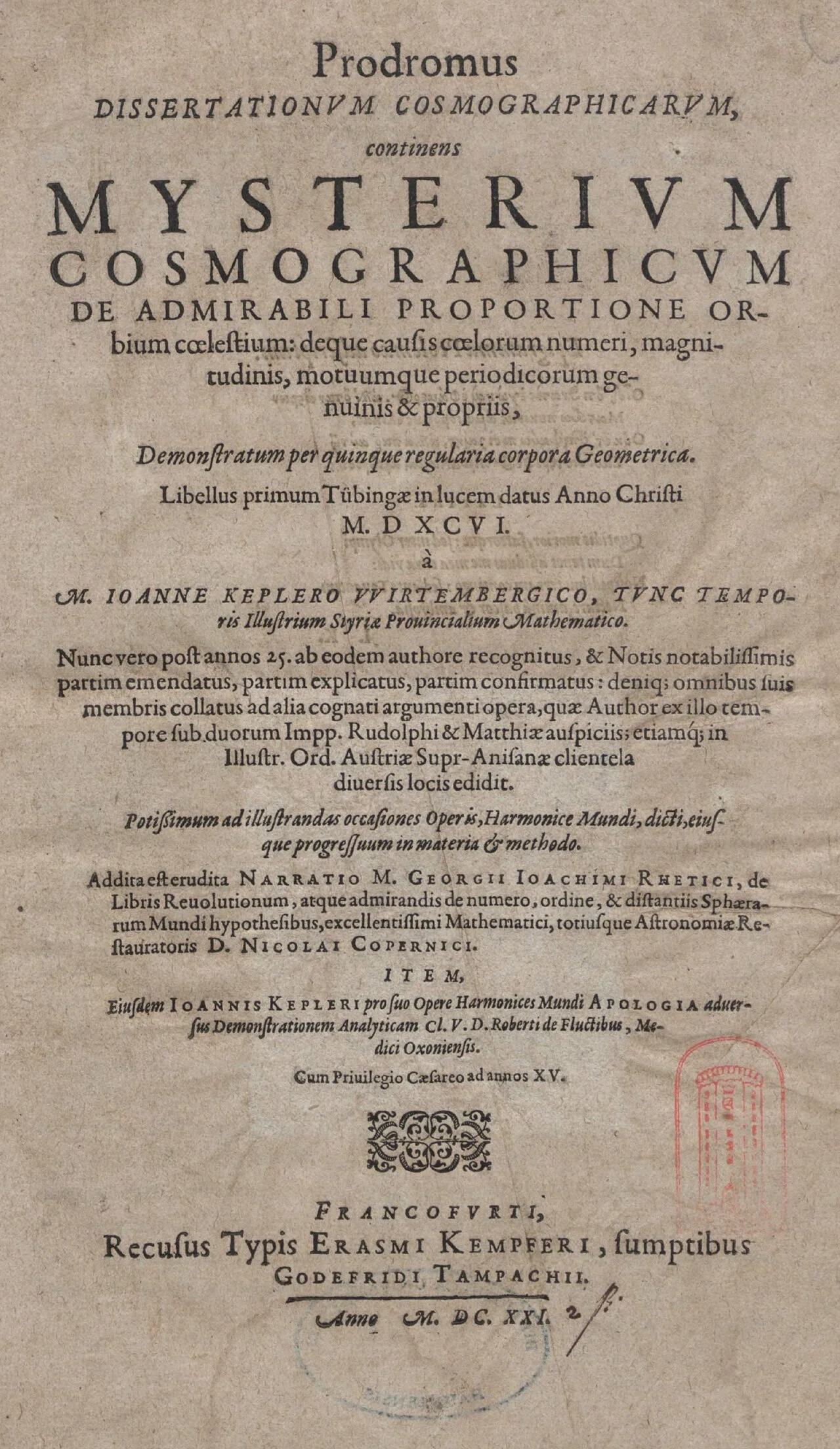 《宇宙的奥秘》1596 年初版扉页。 · Johannes Kepler · Public domain · 网页等比例缩放展示