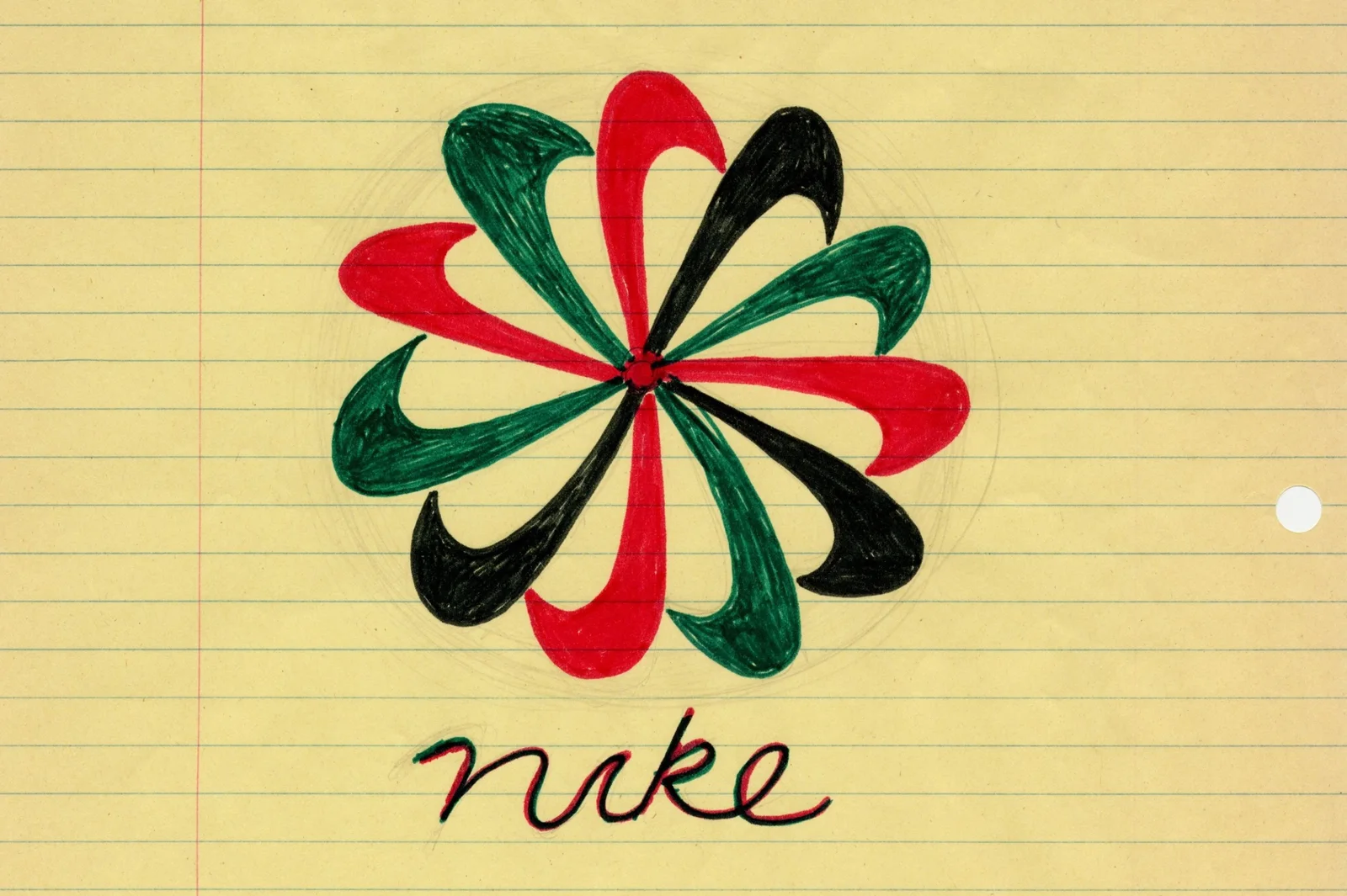 Jeff Johnson 的 Pinwheel / Sunburst 手绘草图。 Jeff Johnson / © Nike · Department of Nike Archives。