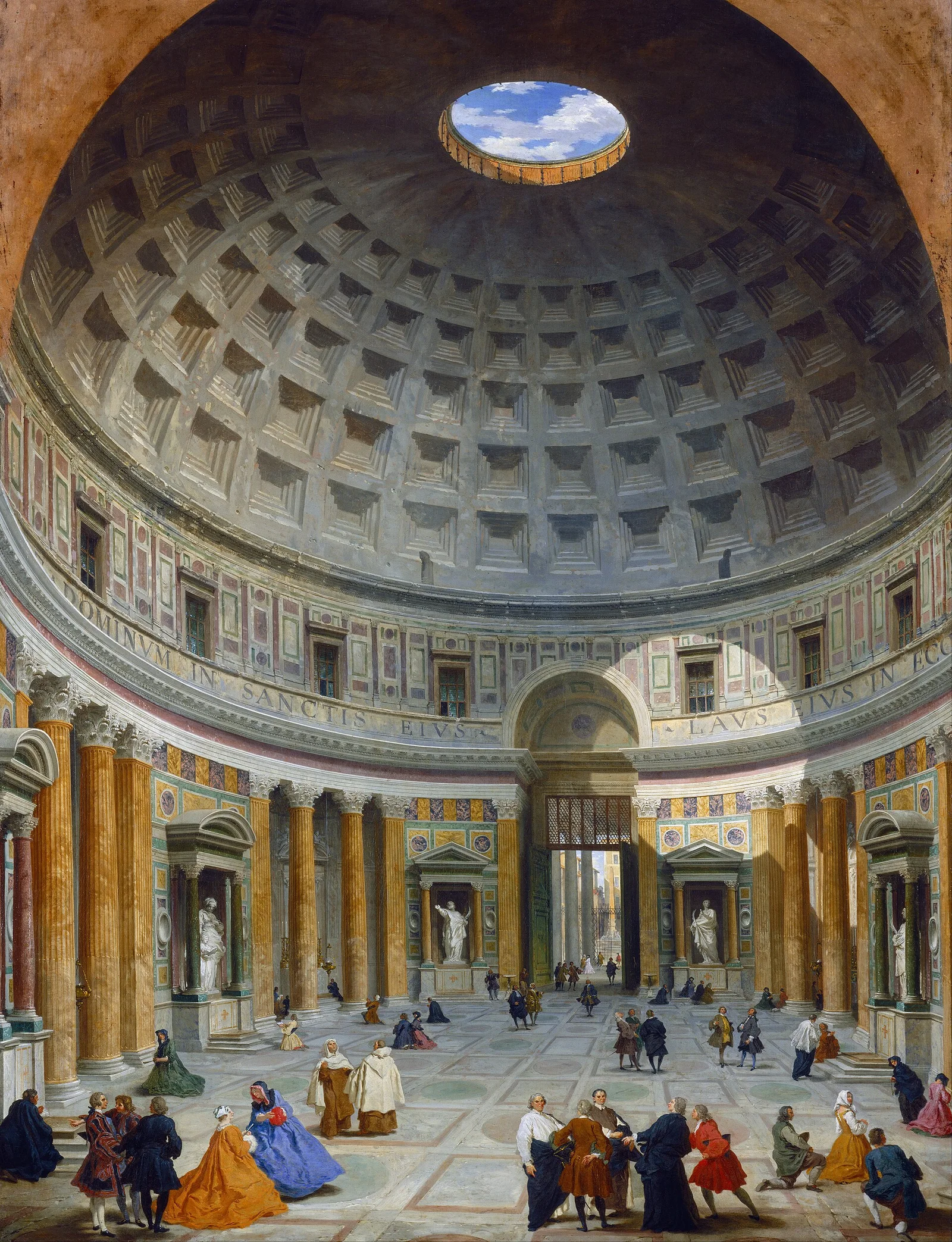 Giovanni Paolo Panini（1732年）笔下的万神殿室内，可见18世纪改建前的原初檐壁样式。