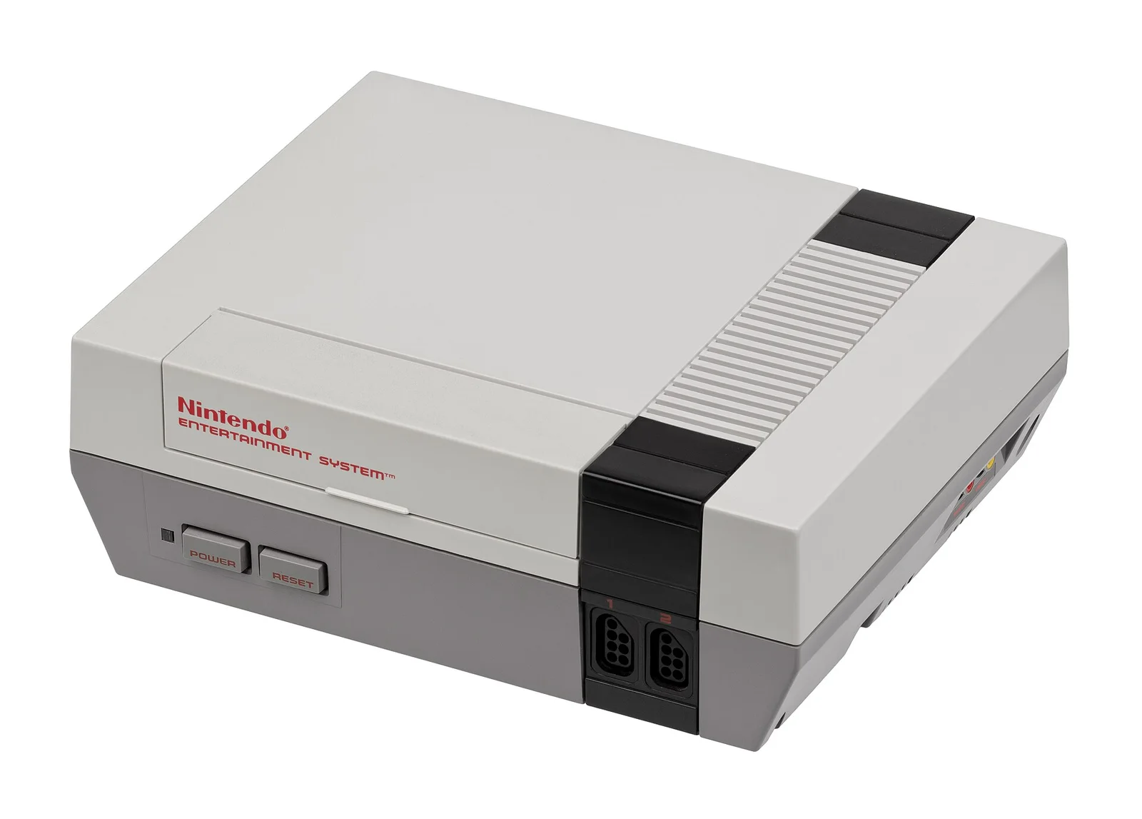 北美版 NES:两段灰配色、黑色饰条、模仿录像机的前插式卡带槽。Evan-Amos 摄(Wikimedia Commons),公有领域。 · 图像文件署名:Evan-Amos;Public domain;网页缩放,原始文件保留。