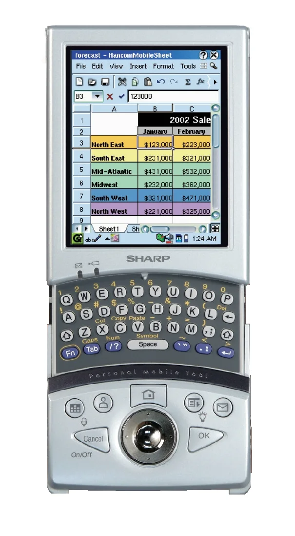 Zaurus SL-6000：Wizard 系列的直系后代，延续到 2000 年代的 Linux PDA。 Satmap / Wikimedia Commons（公有领域，原图为 Zaurus，非 OZ-7000 本机）。