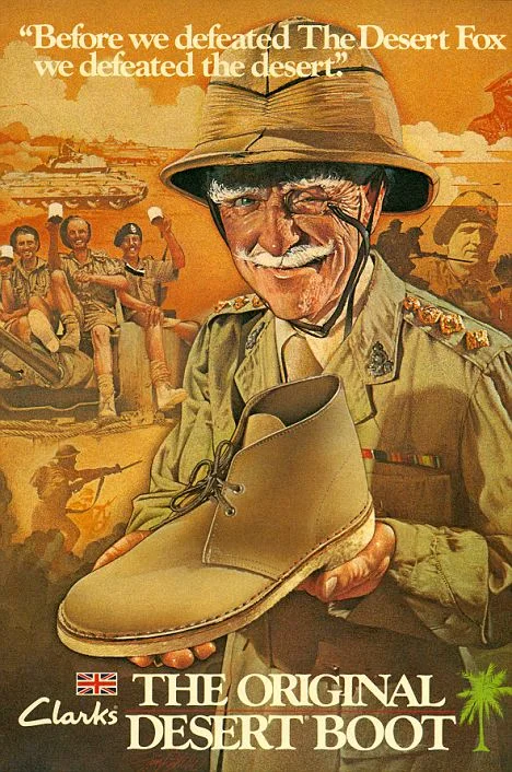 Clarks 沙漠靴复古广告(品牌档案)。 · 图像文件署名:C & J Clark archive;CC BY-SA 3.0;网页缩放,原始文件保留。